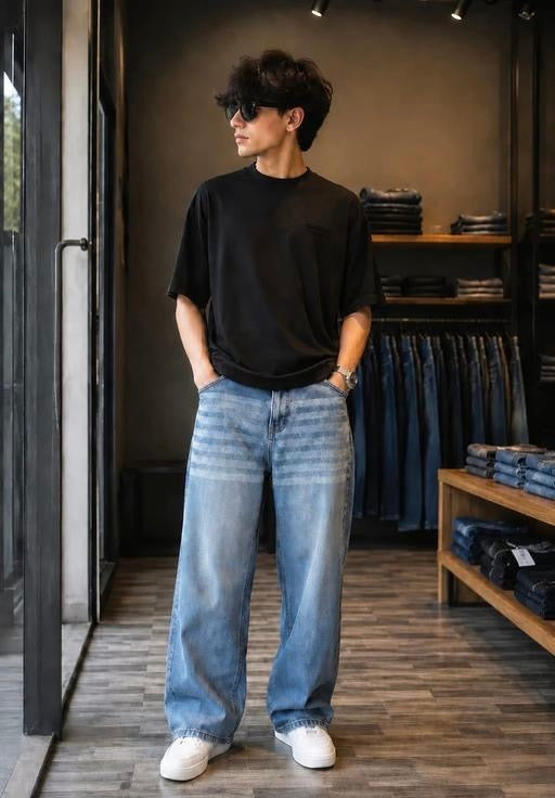 Men's Baggy Jeans Trending | Latest | Light Blue Baggy Loose Fit Jeans with Striped Whiskering Design