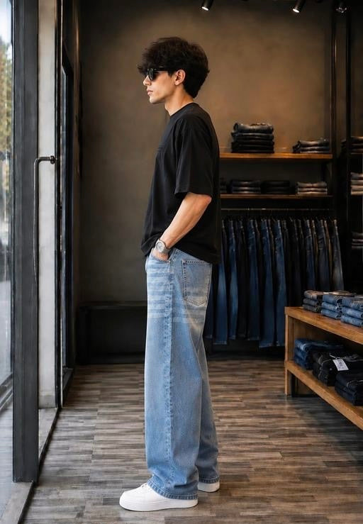 Men's Baggy Jeans Trending | Latest | Light Blue Baggy Loose Fit Jeans with Striped Whiskering Design