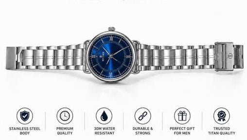 Titan  Analog Blue Dial Stainless Steel Strap Watch for Men