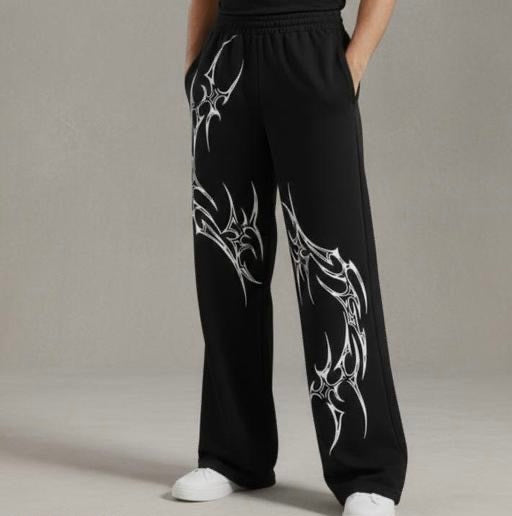 Men ‘s Baggy Cotton Trending pants | Solid Black Loose Fit Pants with White Tribal Print | Comfortable Elastic Cotton Trending