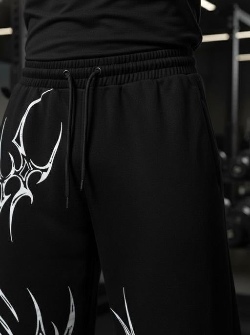Men ‘s Baggy Cotton Trending pants | Solid Black Loose Fit Pants with White Tribal Print | Comfortable Elastic Cotton Trending