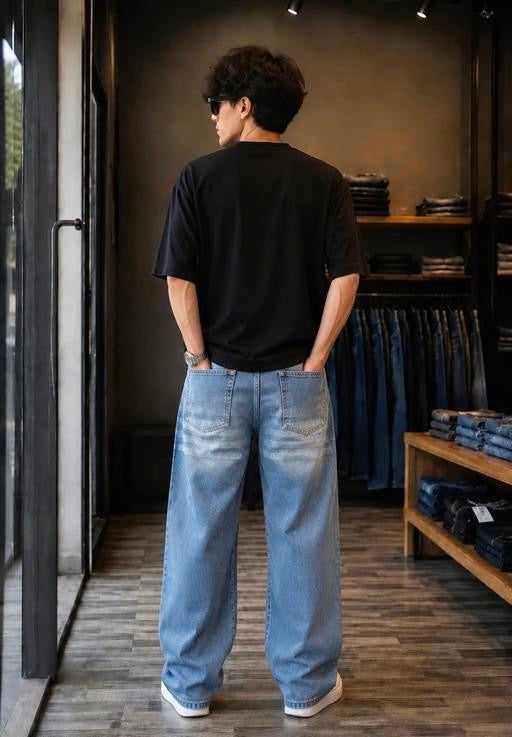 Men's Baggy Jeans Trending | Latest | Light Blue Baggy Loose Fit Jeans with Striped Whiskering Design