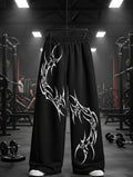 Men ‘s Baggy Cotton Trending pants | Solid Black Loose Fit Pants with White Tribal Print | Comfortable Elastic Cotton Trending
