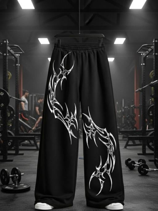 Men ‘s Baggy Cotton Trending pants | Solid Black Loose Fit Pants with White Tribal Print | Comfortable Elastic Cotton Trending